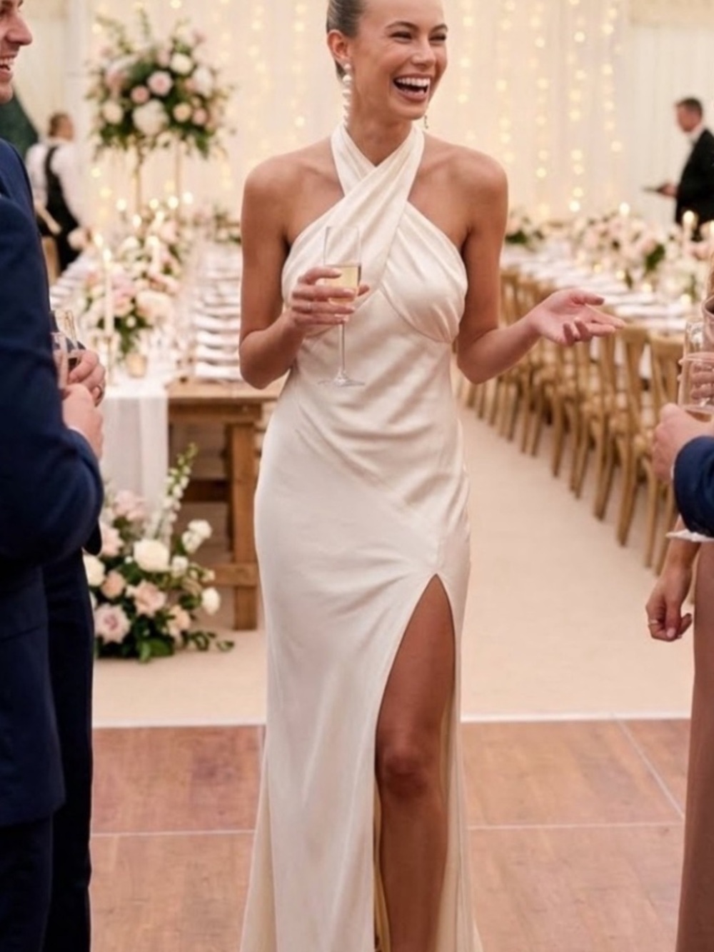 Lulu's Cream Start of Forever Cross-Halter Satin Maxi Dress with Thigh Slit XS